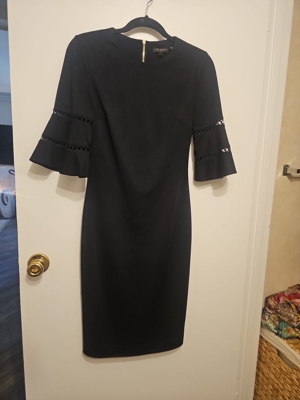Ted Baker Black Midi Dress with Bell Lace Sleeves